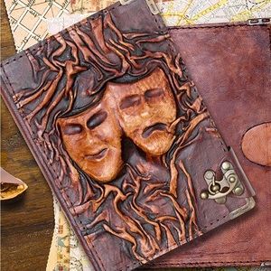 Handcrafted Leather Bound Journal Embossed Happy Sad Theatre Drama Notebook Note